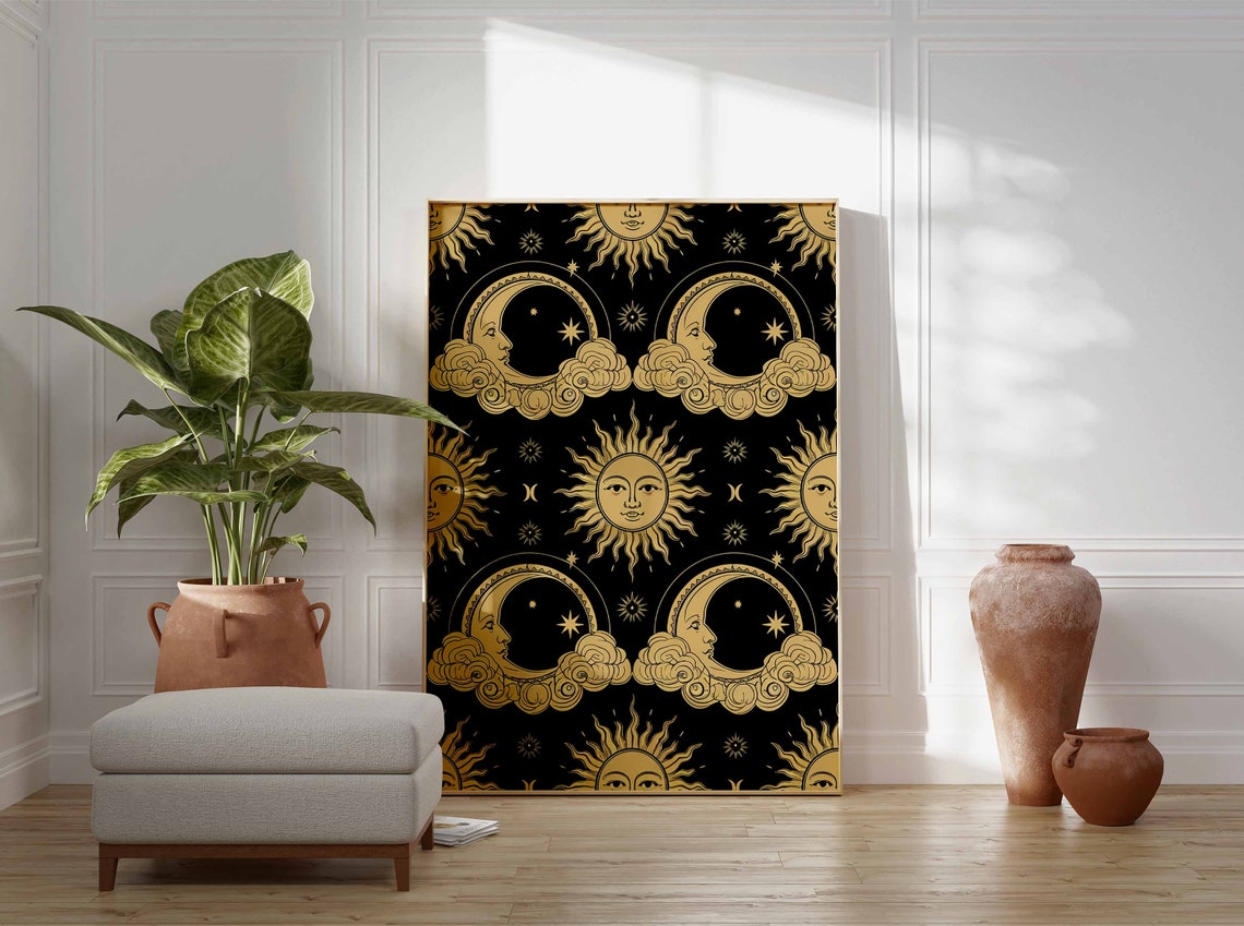 Black And Gold Sun Moon And Clouds Dramatic Celestial Poster - Image 3