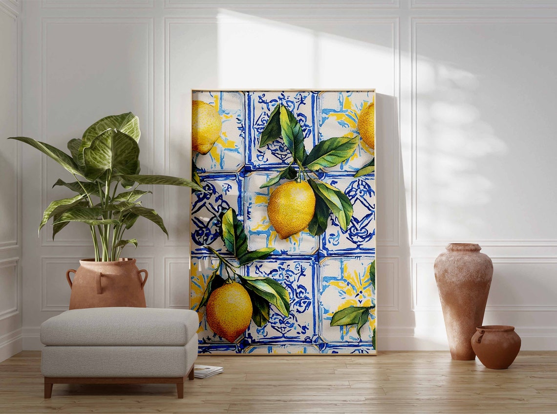Sunny Ripe Lemons with Leaves on Blue Patterned Tile Art Poster - Image 3