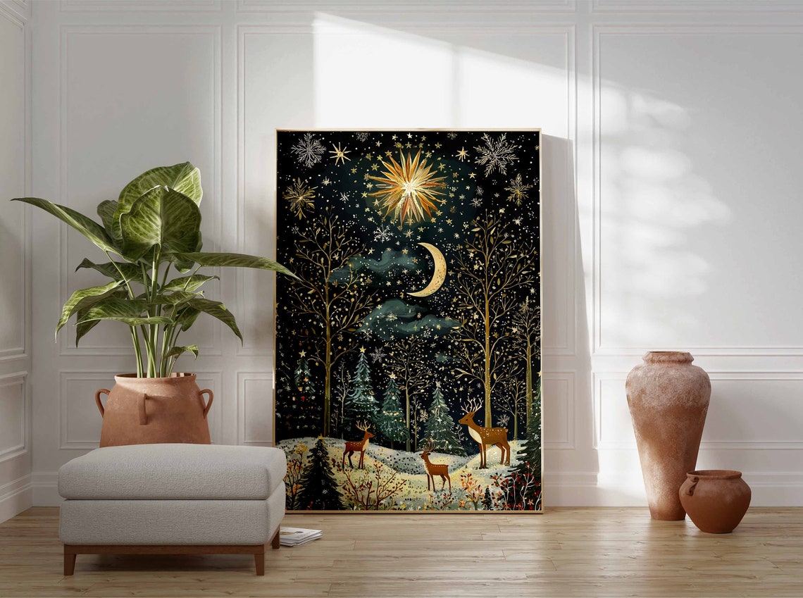 Starry Winter Night Forest With Deer And Golden Moonlight Poster - Image 3