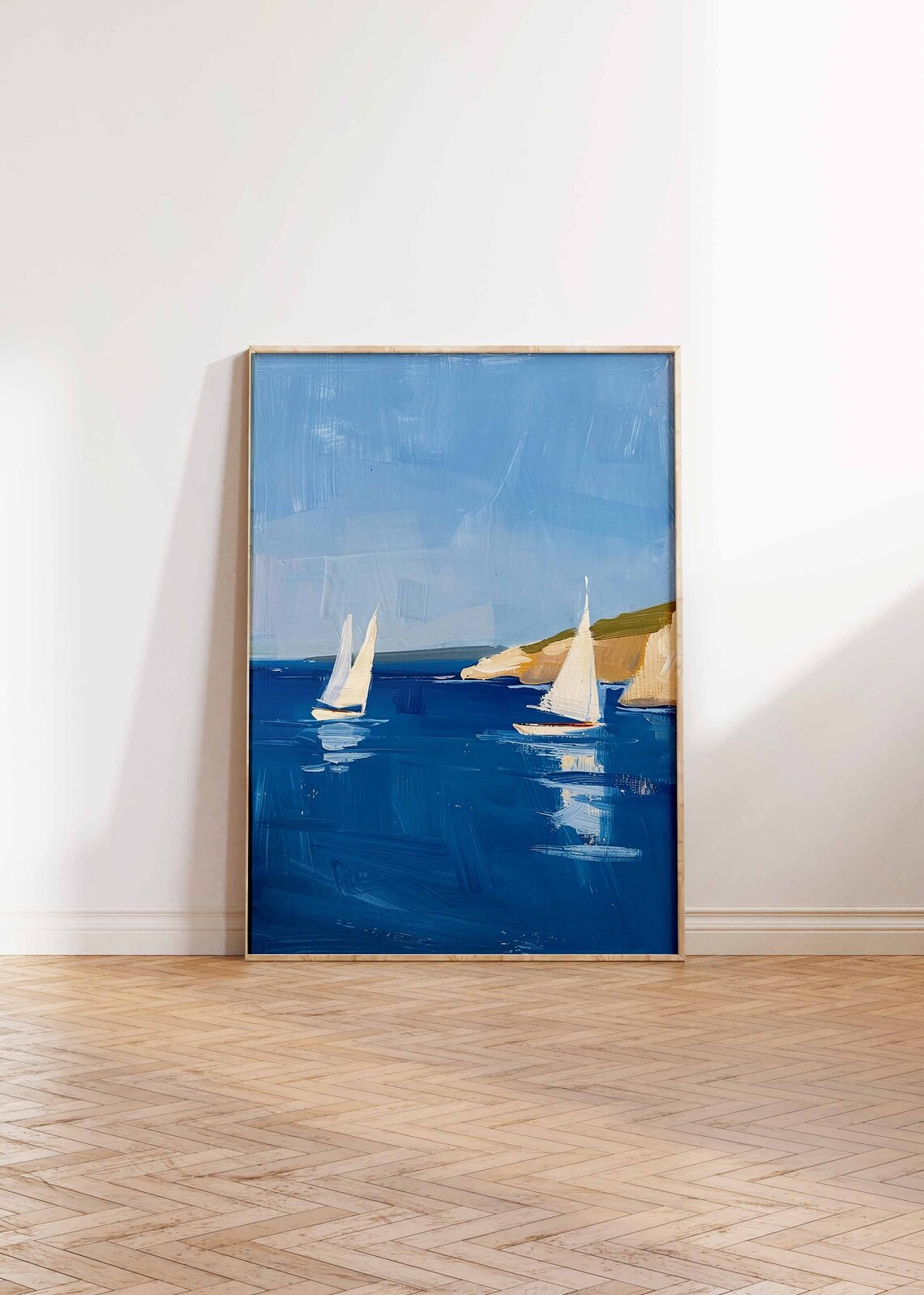 Two Sailboats Near White Cliffs Bright Blue Sea Nautical Art Poster - Image 2