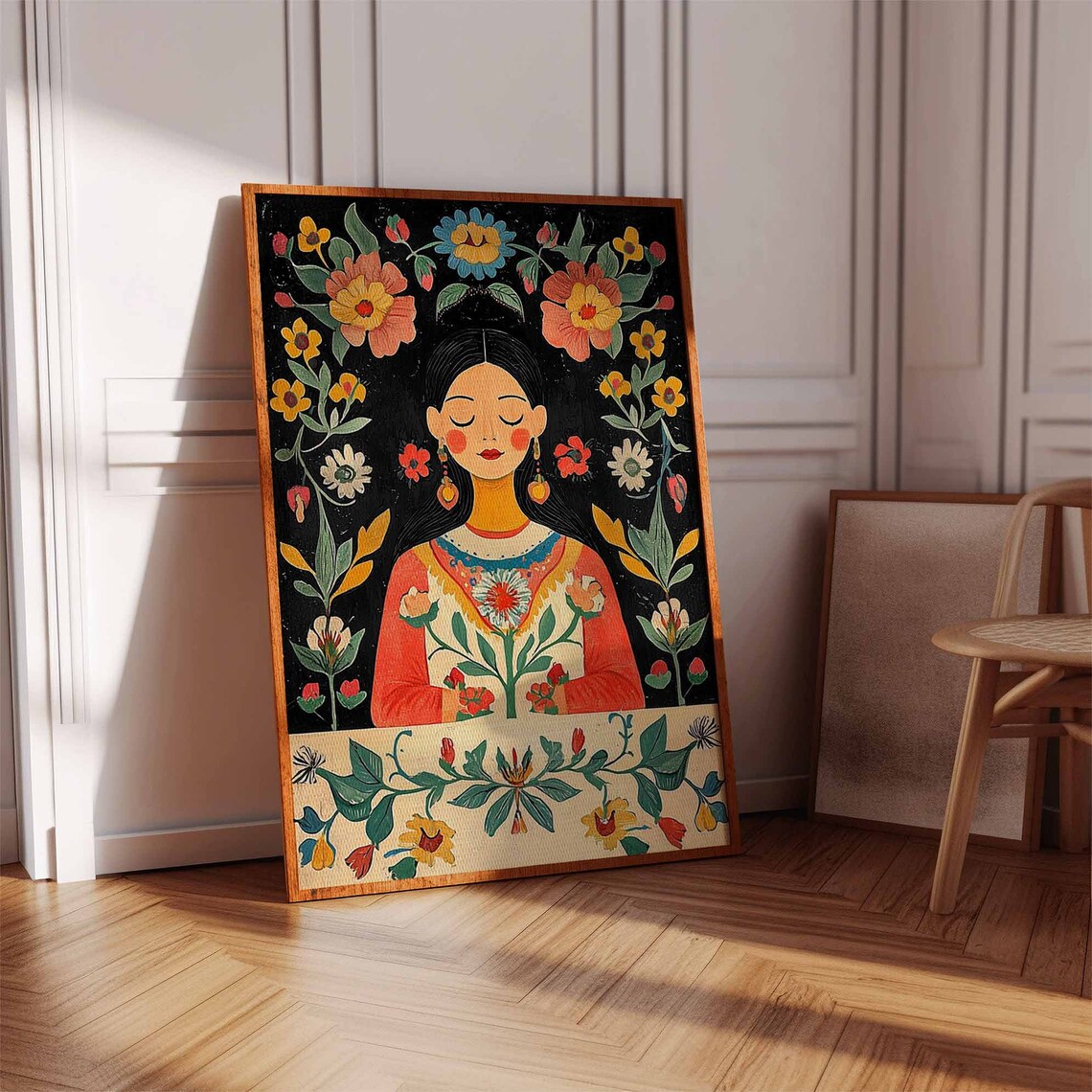 Dreamy Mexican Woman Folk Art Floral Portrait on Black Poster - Image 3