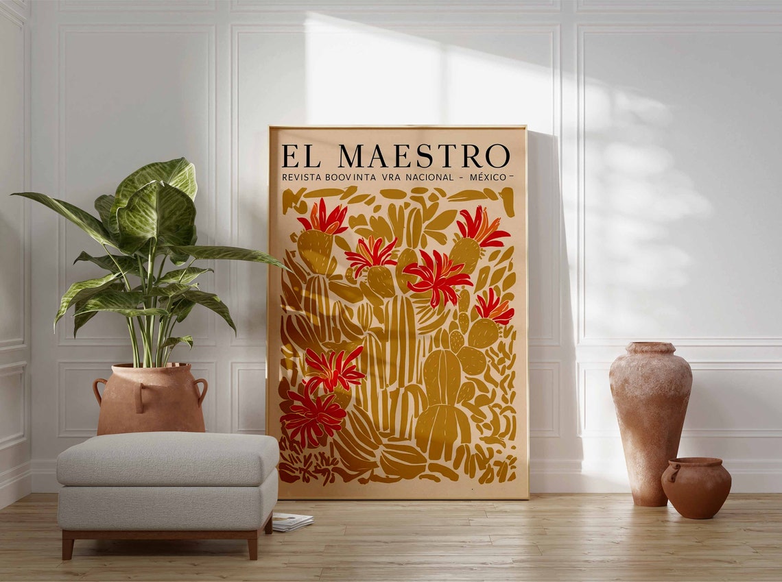 El Maestro Mexico Gold Cactus Woodblock Retro Art Poster Collection - Image 2