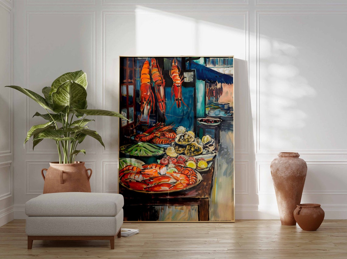 Hanging Giant Prawns Seafood Stall Shrimp Counter Painting Poster - Image 3