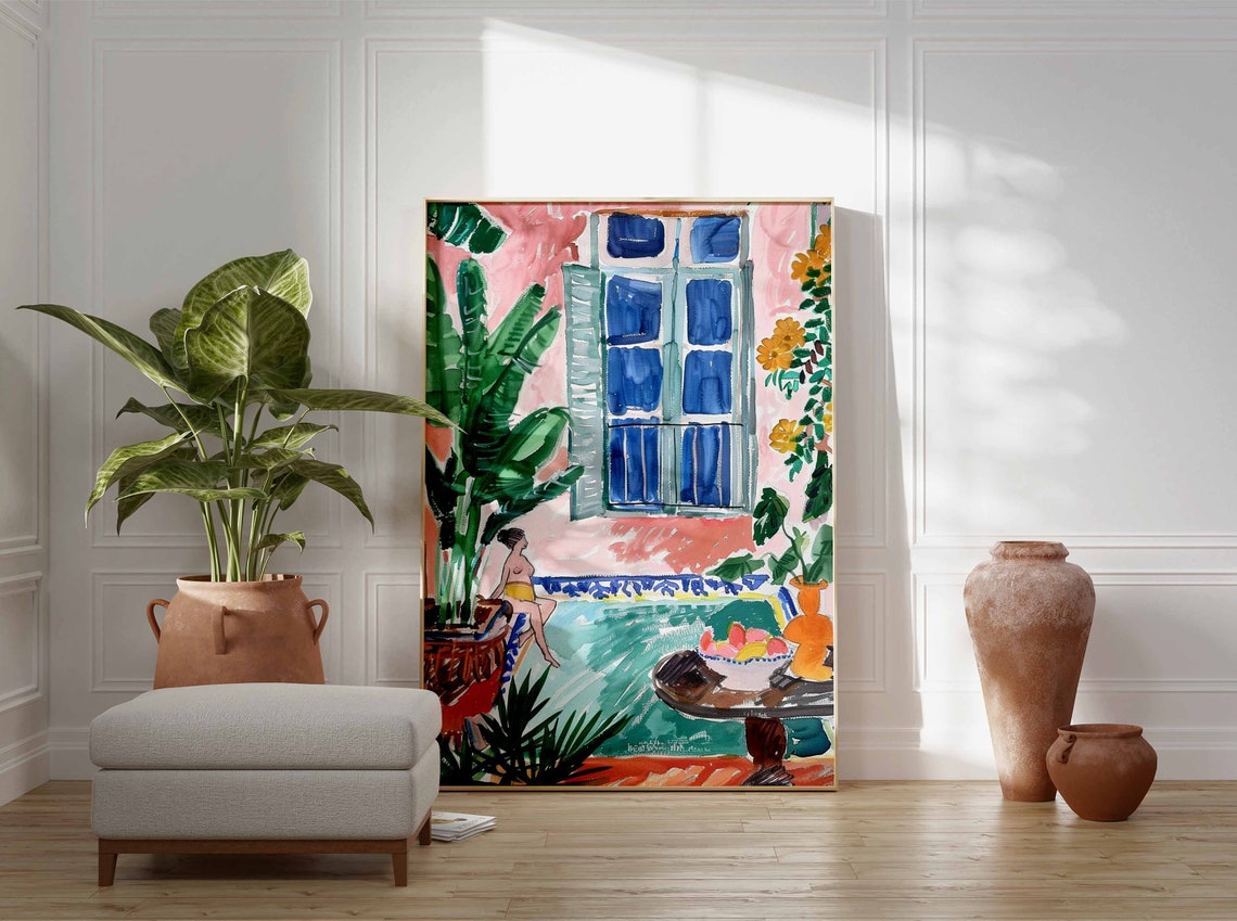 Moroccan Pool Scene Tiled Courtyard Woman Tropical Art Print - Image 2