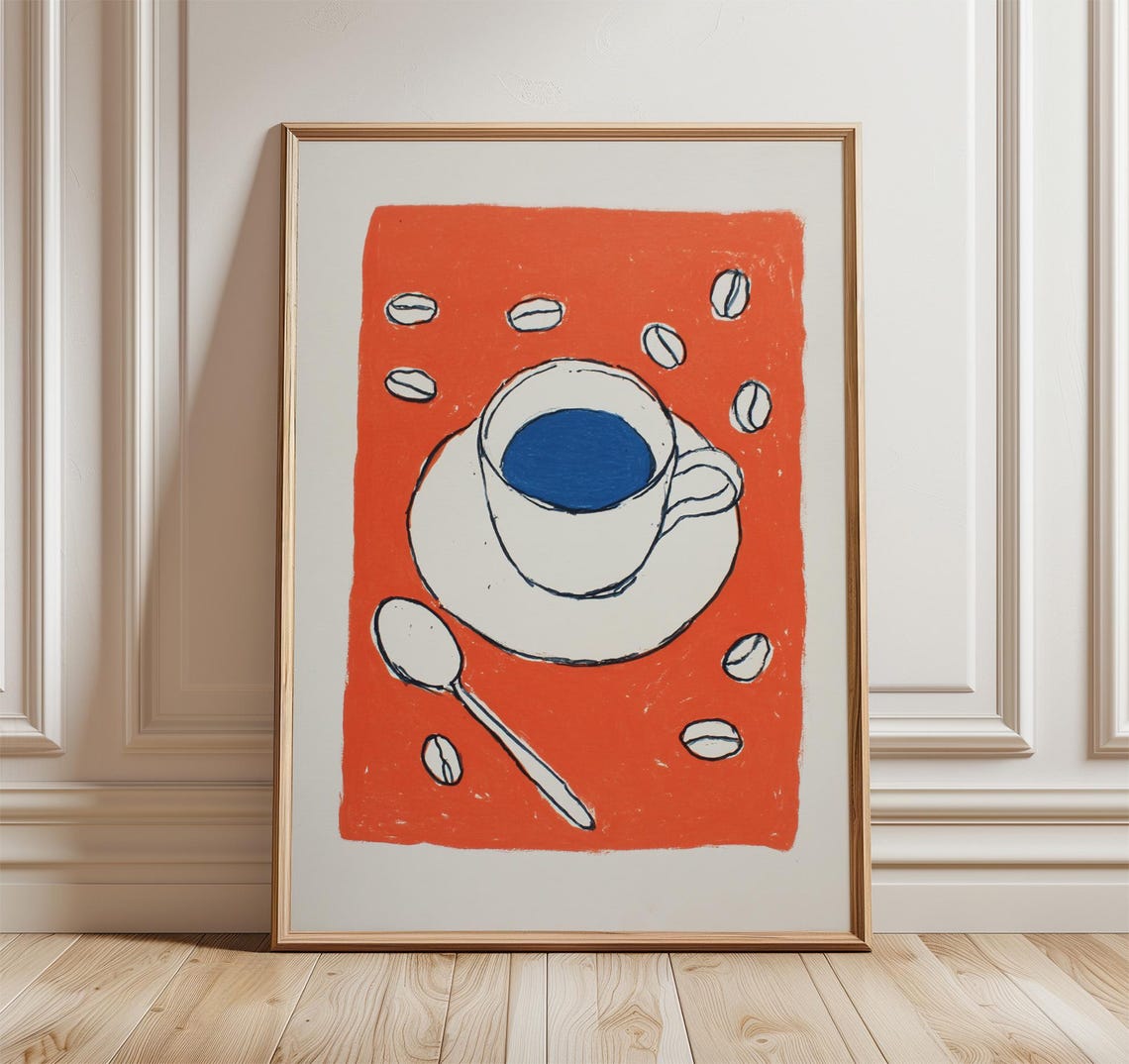 Hand Drawn Coffee Cup Print Orange Background Modern Kitchen Decor