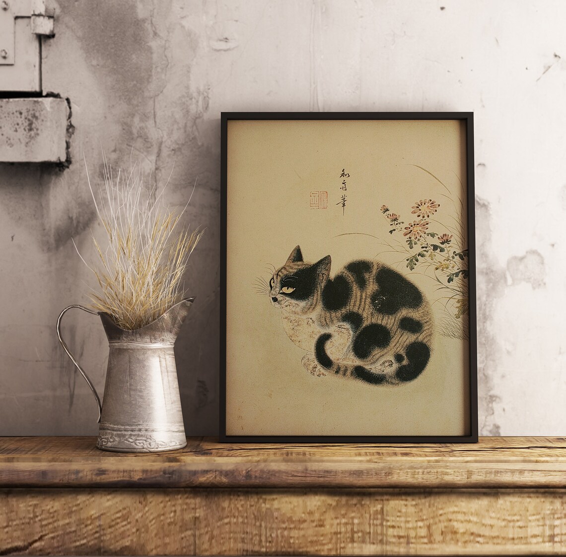 Japanese Vintage Cat Painting with Chrysanthemum Blossom Poster - Image 2