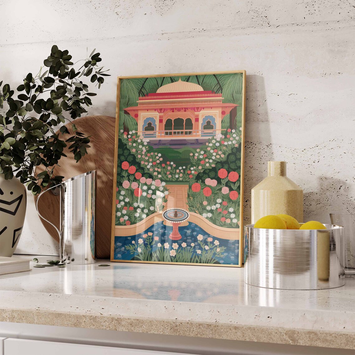 Indian Palace Garden Fountain Floral Traditional Artwork Poster - Image 3