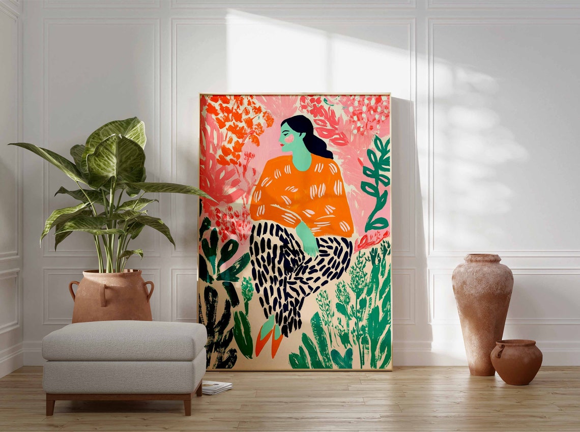 Woman in Orange Sweater Among Pink Flowers Colorful Botanical Poster - Image 2