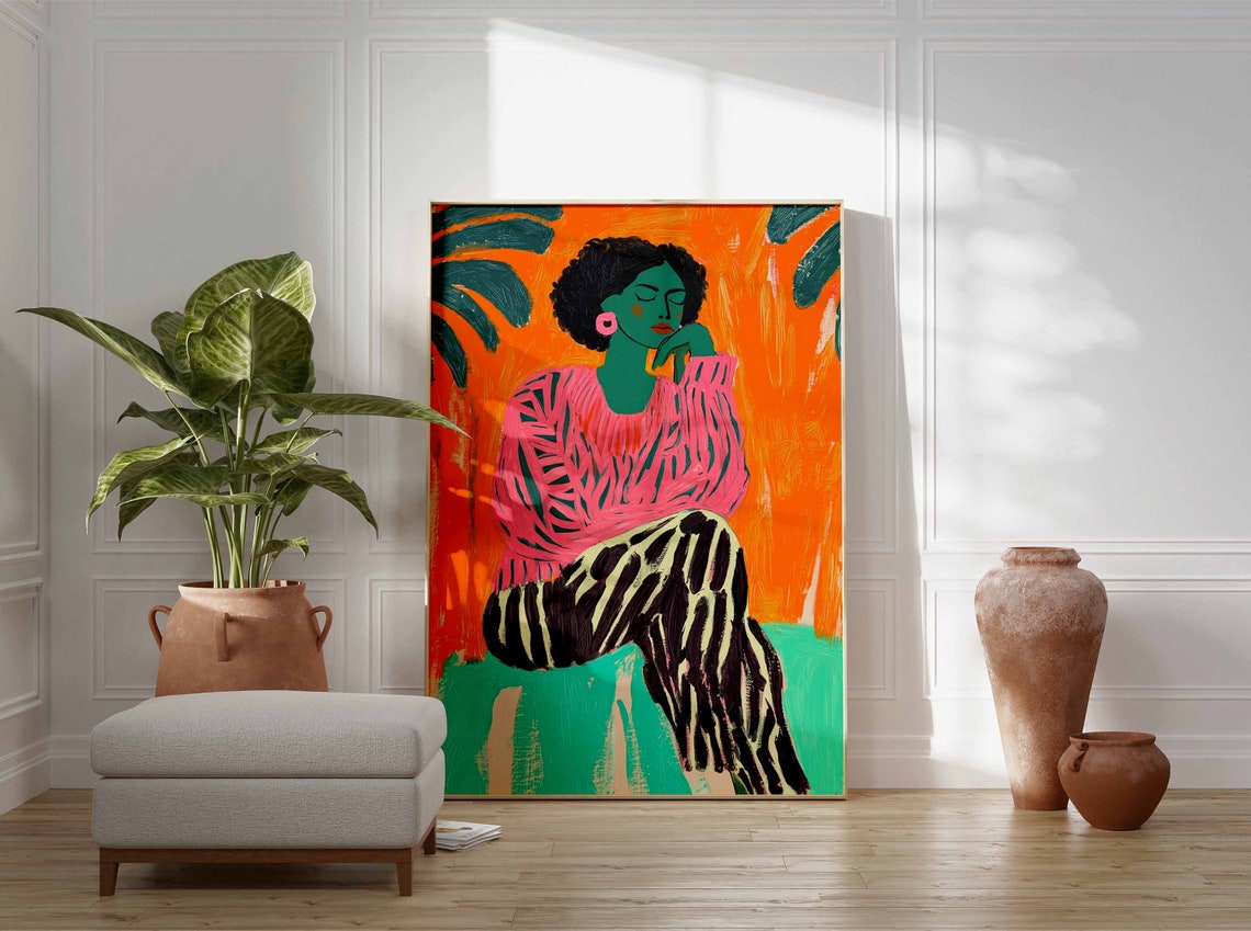 Pensive Woman Pink Sweater Zebra Pants Vivid Orange Art Poster - Image 2
