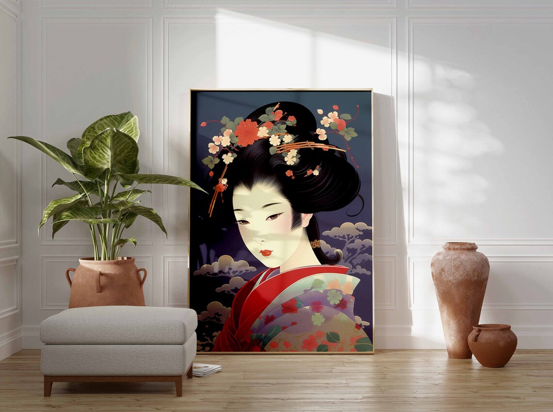 Japanese Geisha Style Portrait Floral Hair Ornament Art Poster - Image 2