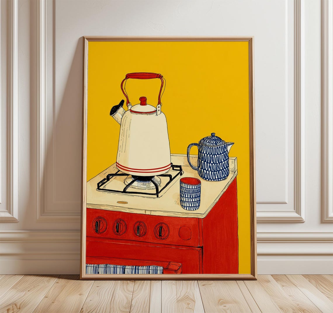 Mid Century Enamel Kettle On Red Stove Yellow Kitchen Art Poster