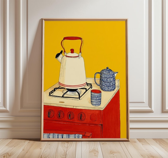 Mid Century Kettle Poster Retro Kitchen Wall Art Yellow And Red Minimalist Print Vintage Scandinavian Home Decor Bold Modern Artwork