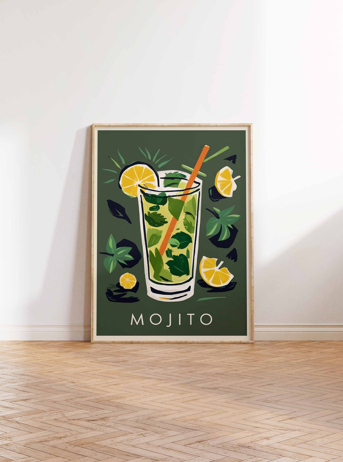 Mojito Mint Lime Tall Glass Orange Straw Retro Cocktail Bar Poster - Image 2