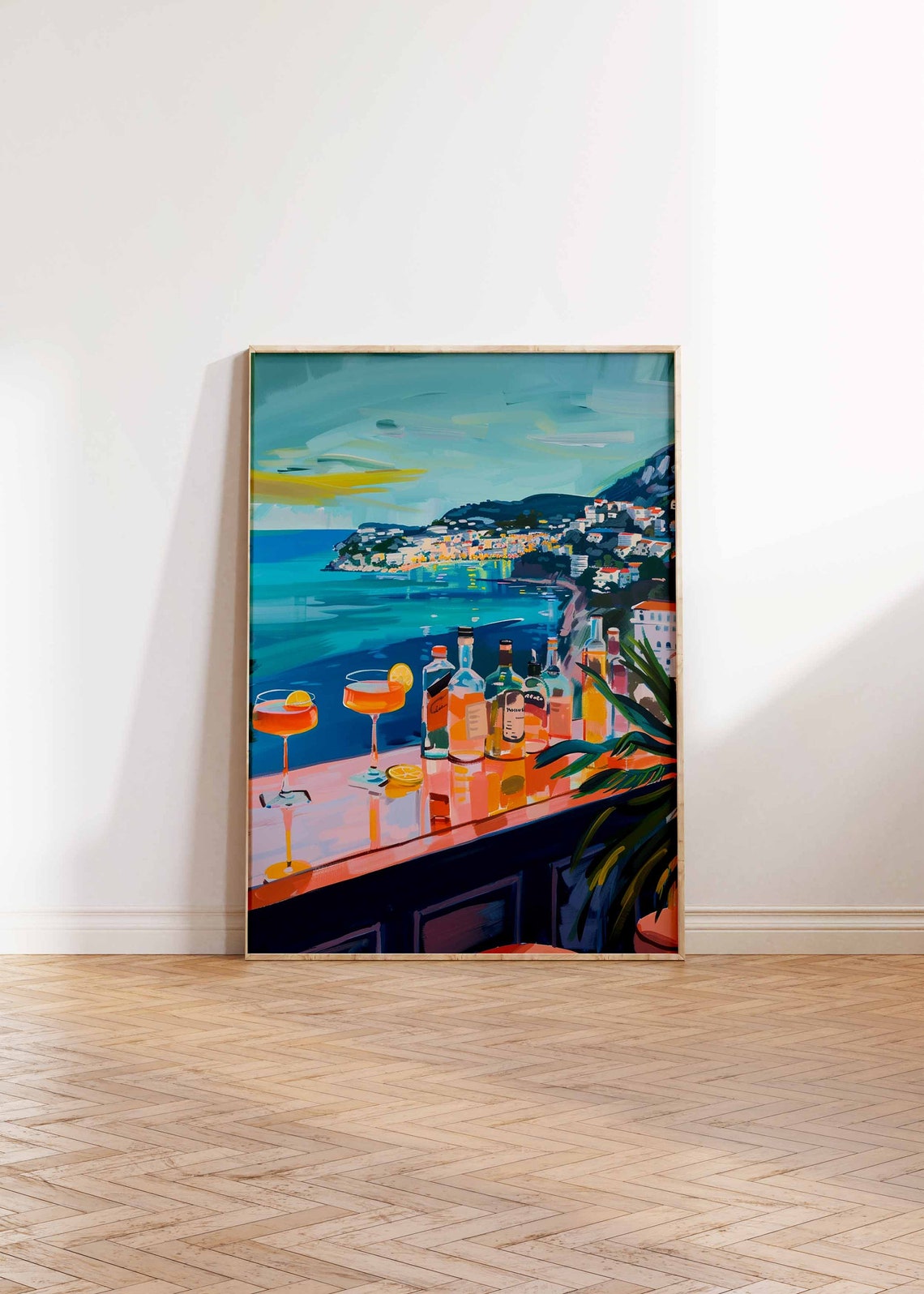 Vibrant Rooftop Cocktail Bar At Sunset Over Coastal Town Poster - Image 2