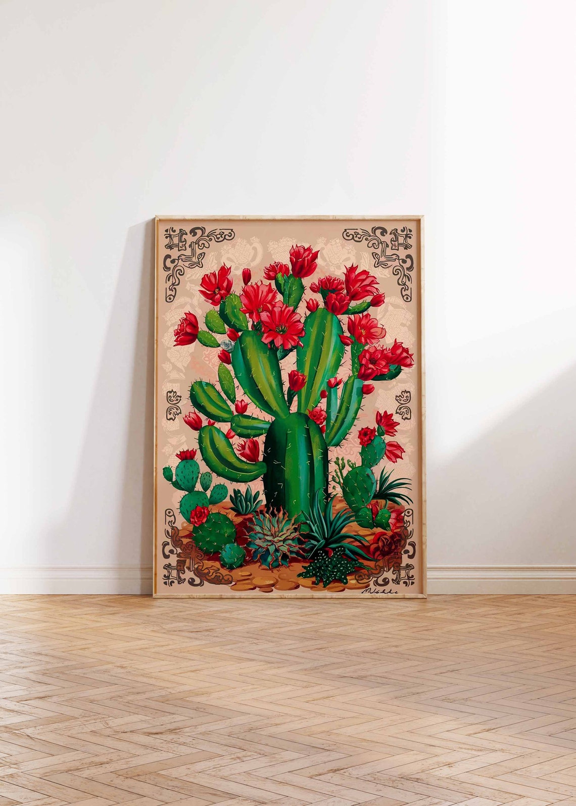 Prickly Pear Cactus Red Flowers Vintage Botanical Art Poster - Image 3