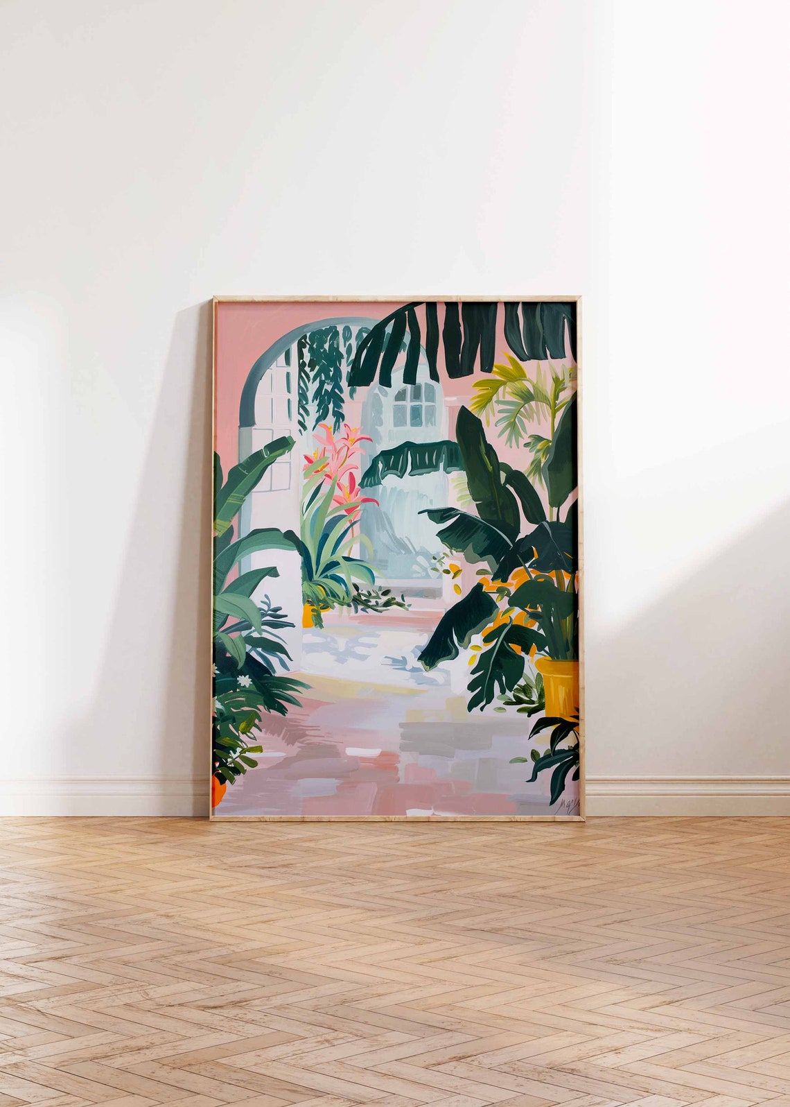 Sunny Tropical Courtyard Archway Pink Wall Botanical Art Print - Image 3