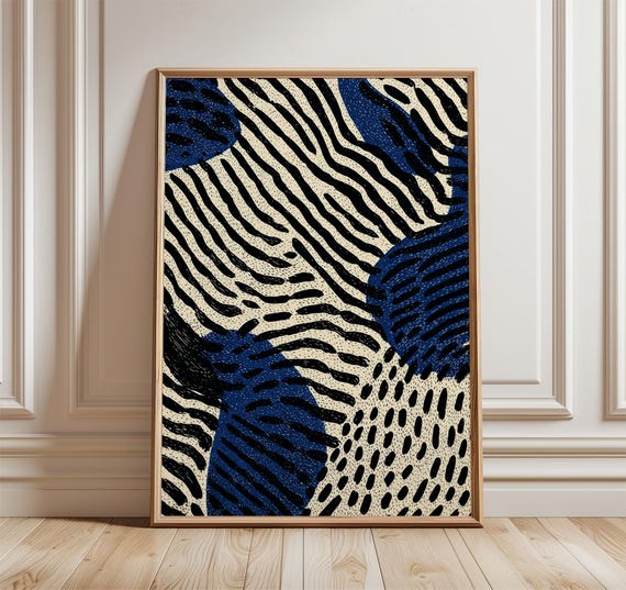 Abstract Zebra Pattern Poster Modern Minimal Wall Art Blue And Black Textured Print Contemporary Interior Decor