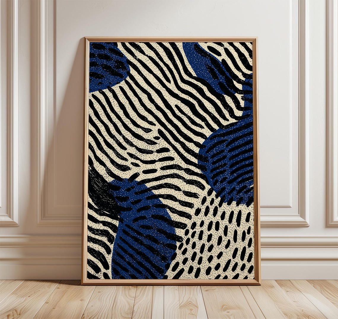 Abstract Blue and Black Zebra Stripe Pattern Modern Minimal Poster