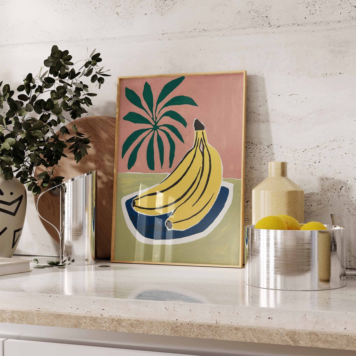 Bananas On Blue Plate With Palm Frond Modern Fruit Art Poster - Image 2