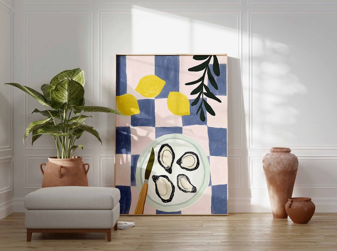 Oysters and Lemons Checkerboard Coastal Kitchen Food Wall Art - Image 3