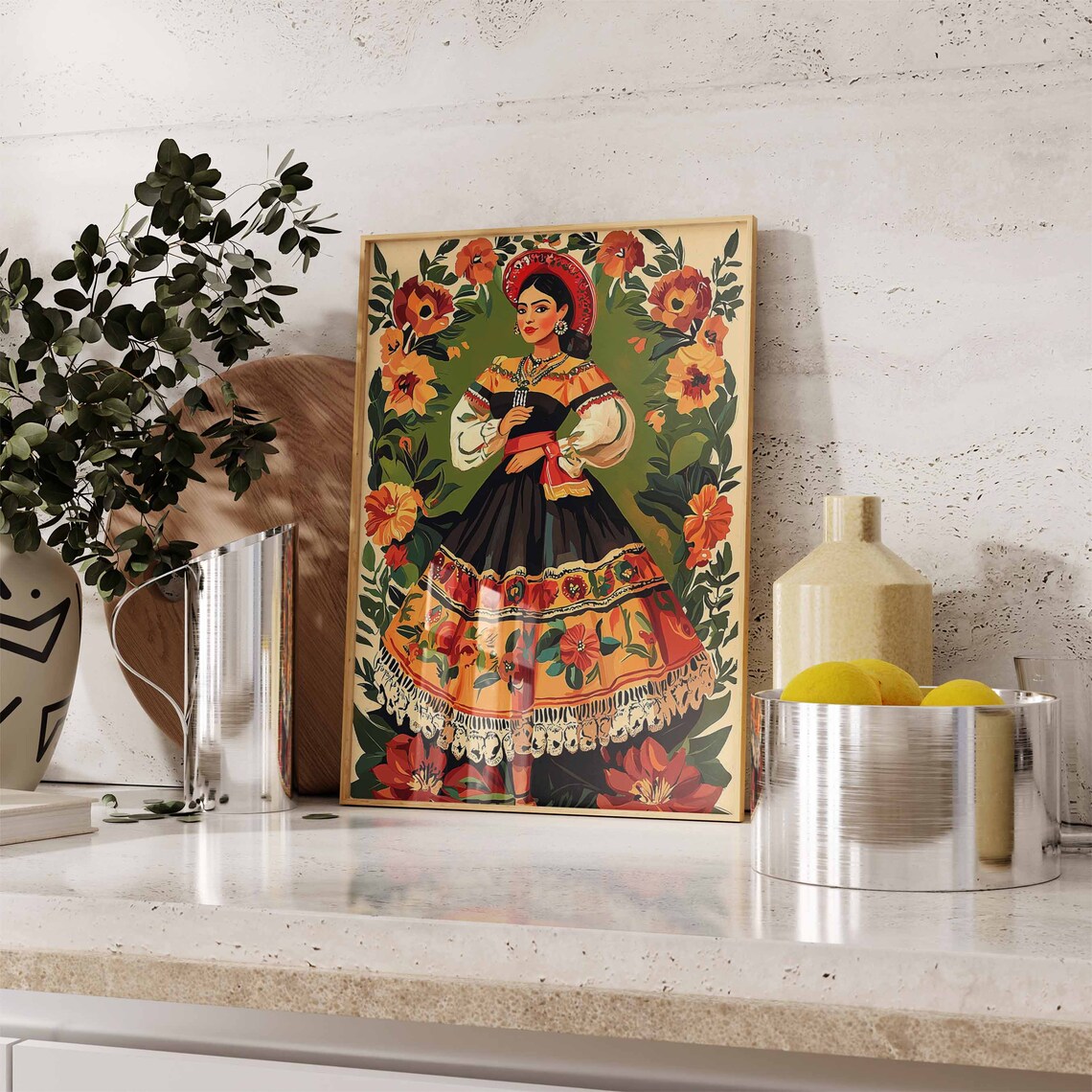 Mexican Folk Dancer in Orange Floral Dress Marigold Art Poster - Image 2