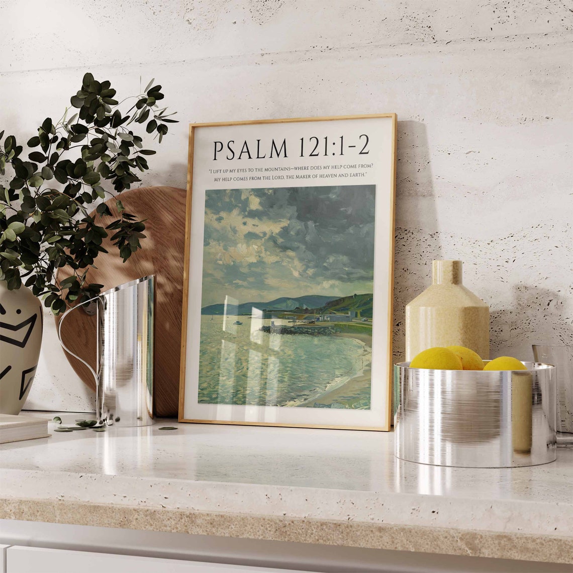 Psalm 121:1-2 Bible Verse Coastal Bay Mountain View Art Print - Image 3