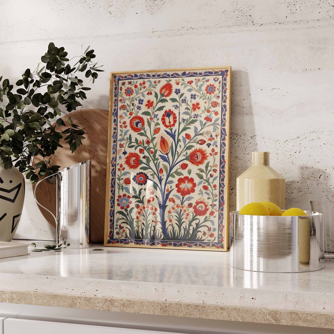 Indian Floral Textile Pattern Ivory Red Blue Vintage Botanical Print - Image 2