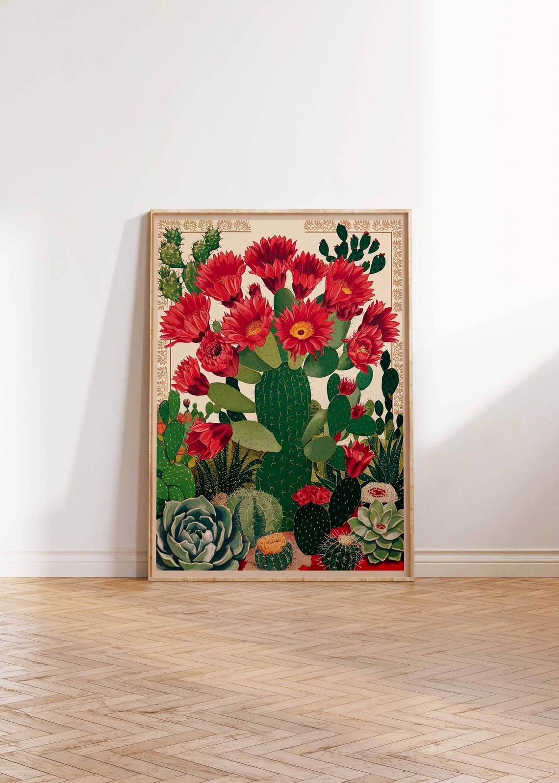 Tall Red Blossom Cactus Desert Botanical Cluster Scene Art Poster - Image 3