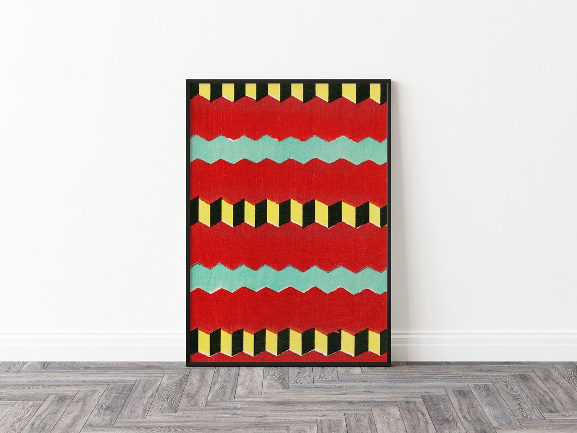 Japanese Woodblock Geometric Zigzag Pattern Red Teal Art Poster - Image 2