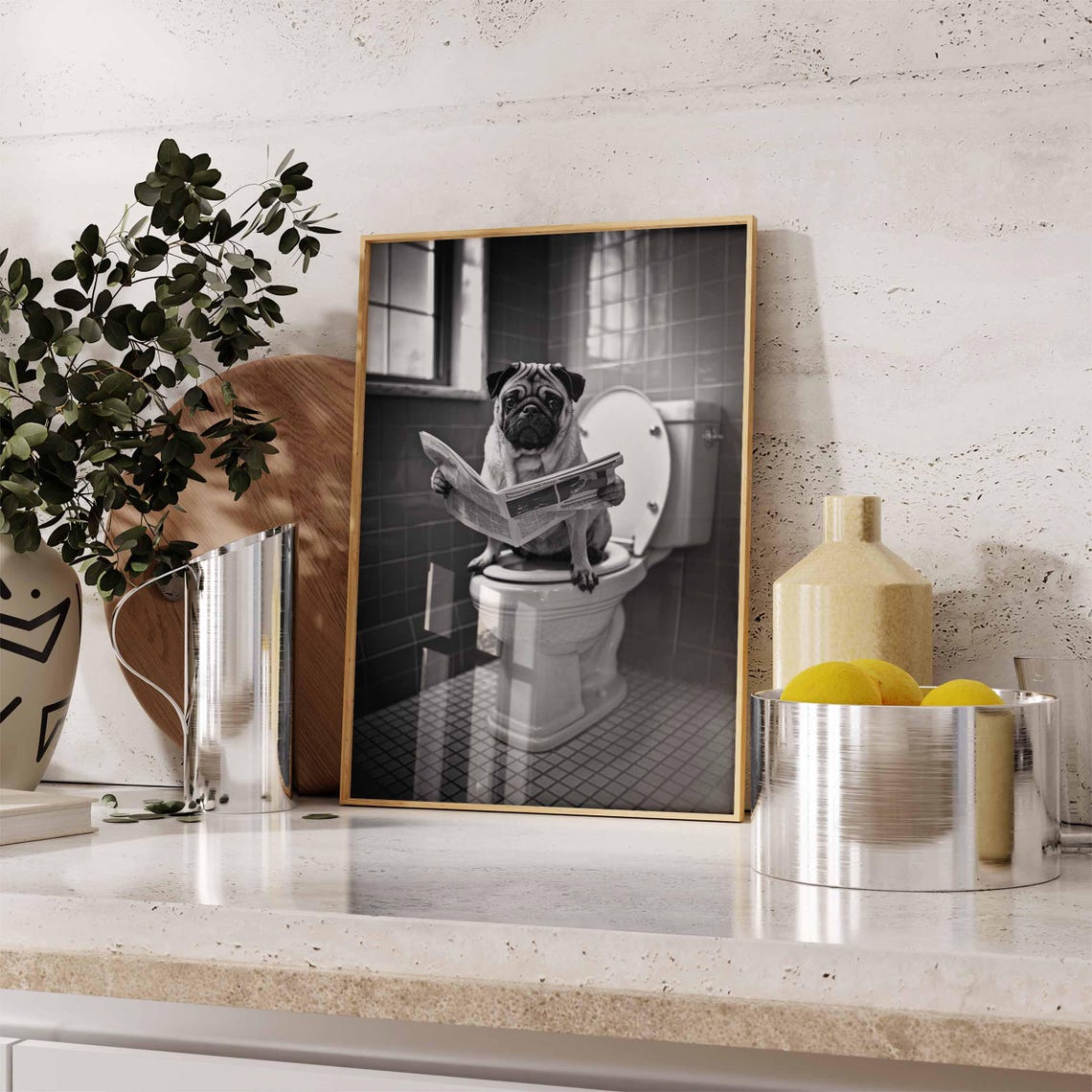 Pug Reading Newspaper on Toilet Funny Bathroom Black White Dog Poster - Image 2