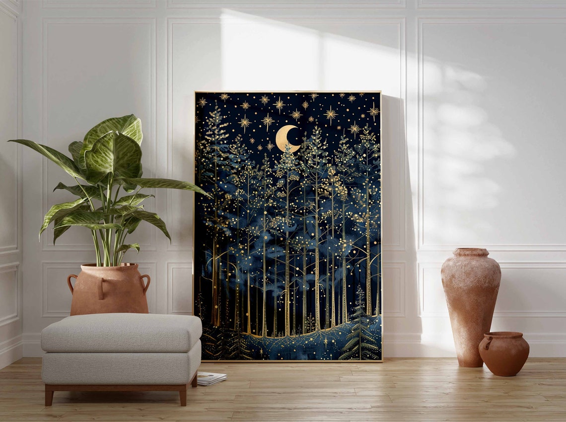 Elegant Navy And Gold Winter Forest Night With Crescent Moon Poster - Image 3