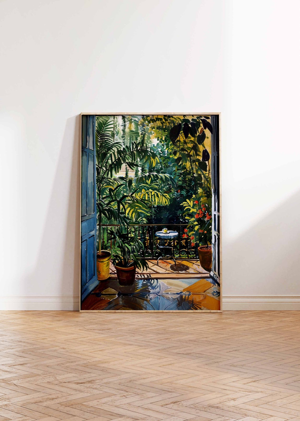 Tropical Garden Balcony Overlook Cafe Table Plants Painting Poster - Image 3