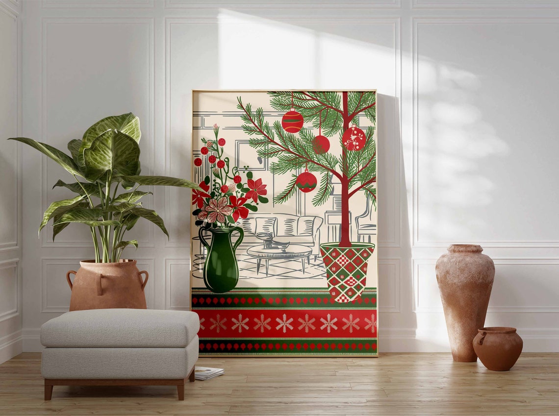 Cozy Red Green Christmas Tree Scandinavian Knit Border Art Poster - Image 3