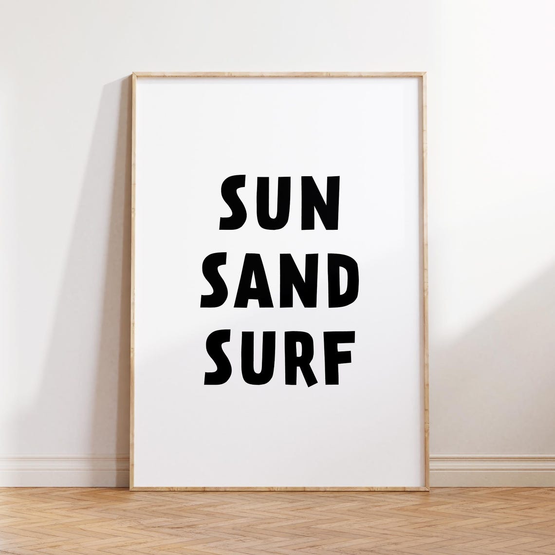 Sun Sand Surf Bold Black Typography Coastal Beach House Decor Poster