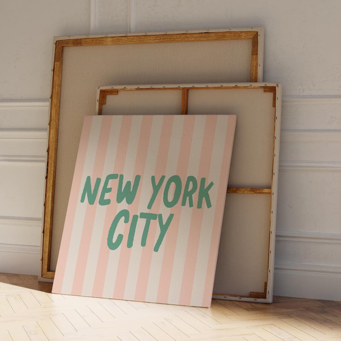 New York City Green Hand Lettered Pink Striped Square Travel Poster
