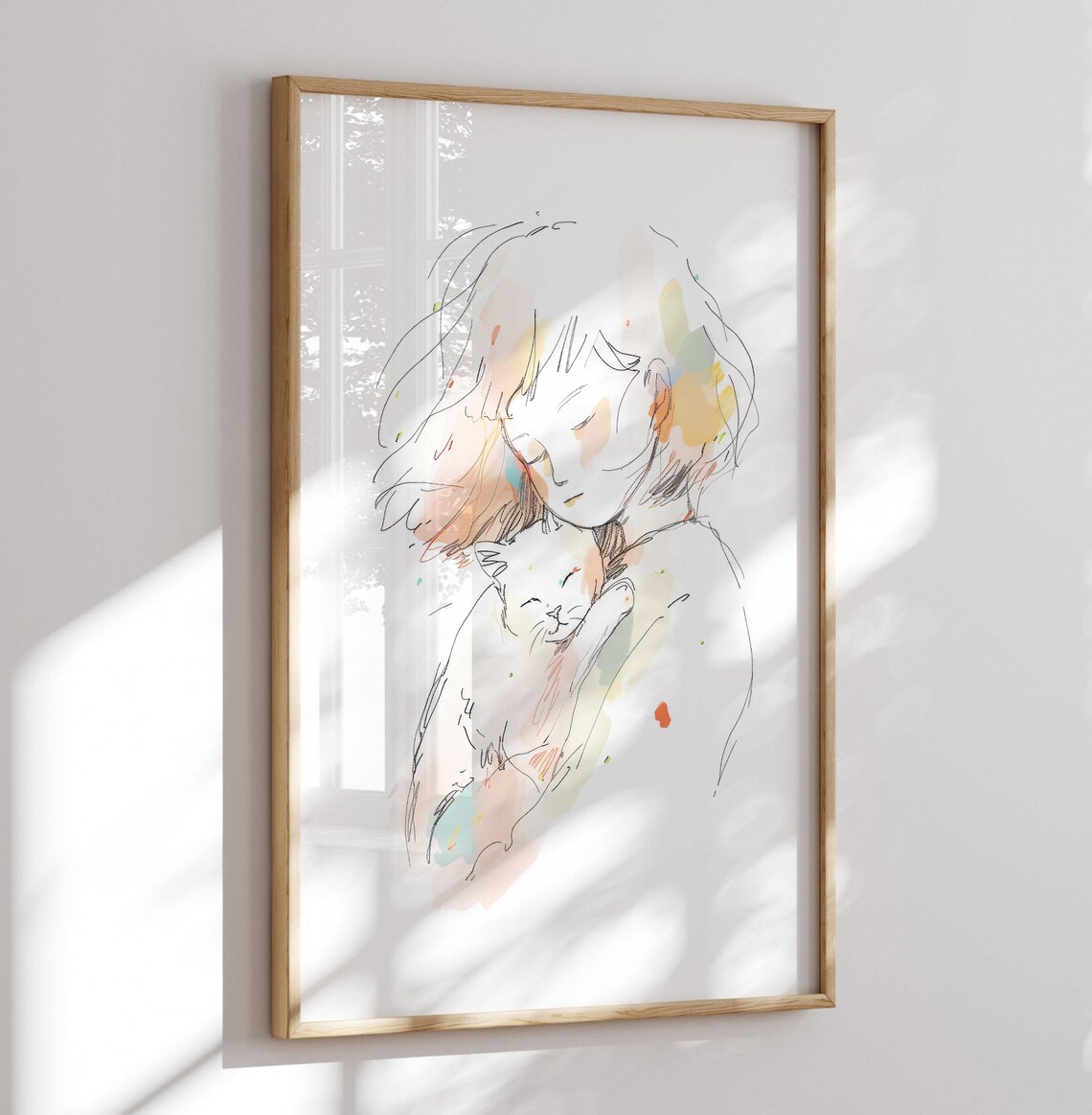 Girl Hugging White Cat Watercolor Sketch Pet Lover Nursery Poster - Image 4