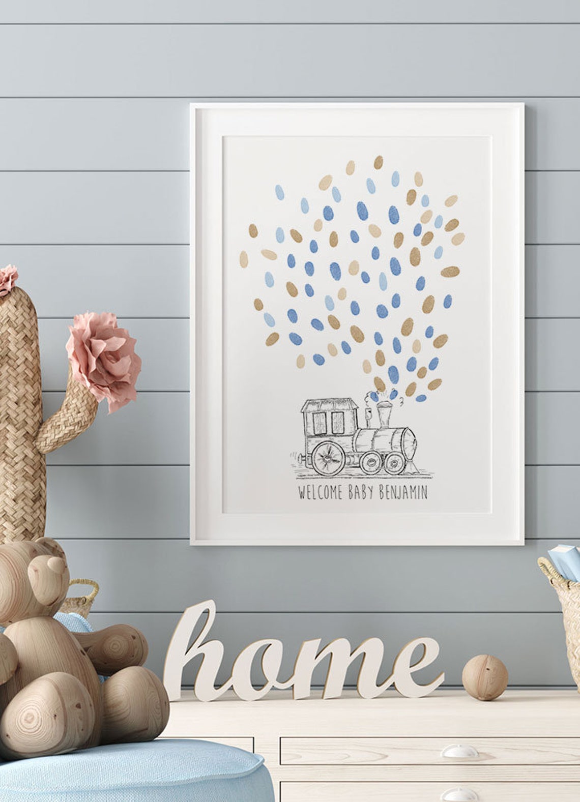 Train Baby Guest Book Birthday Fingerprint Balloon Sketch - Image 4