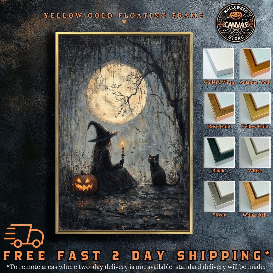 Witch With Black Cat Full Moon Night Candle Jack-O-Lantern Gothic Wall Poster - Image 2