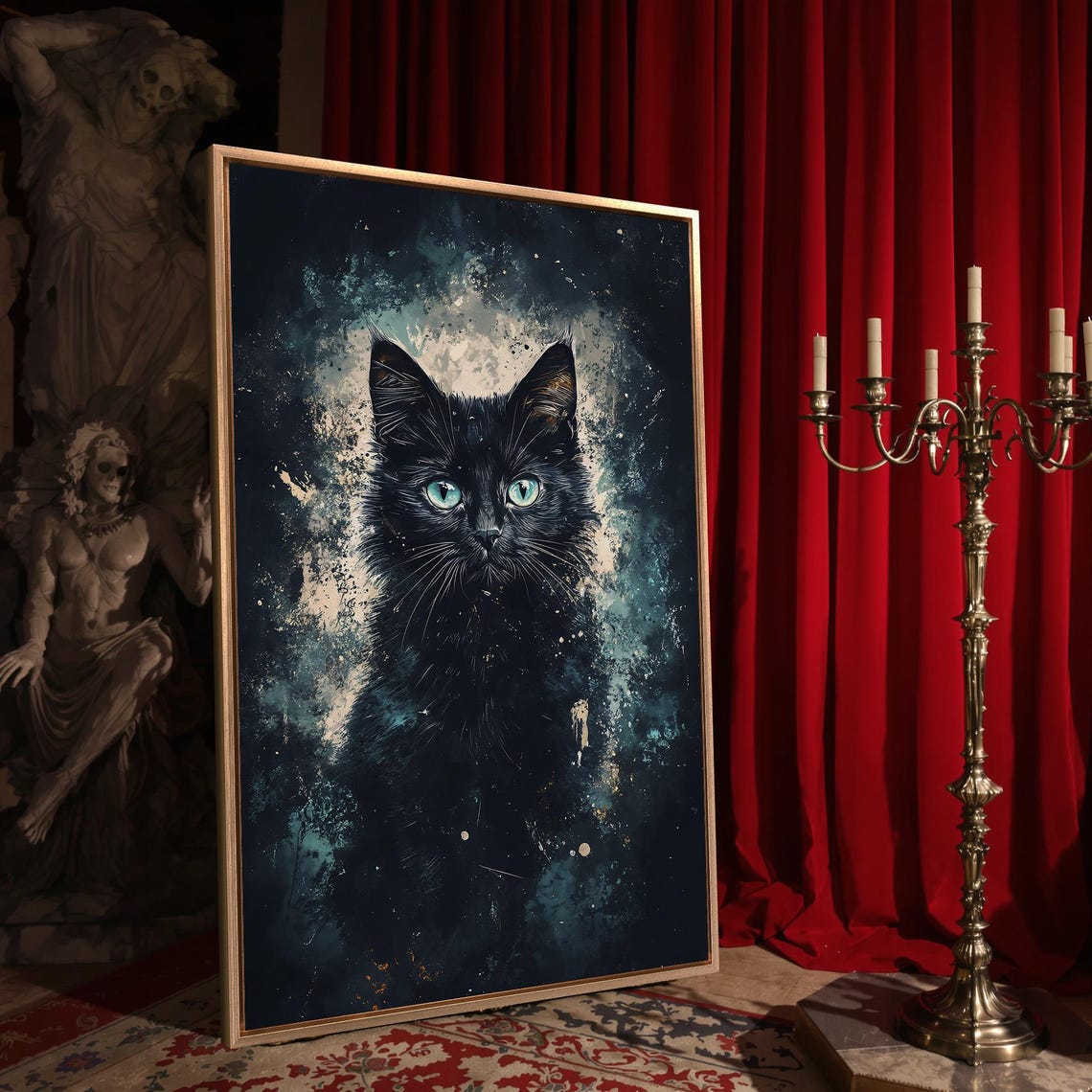 Mysterious Black Cat With Teal Eyes Cosmic Night Portrait Poster - Image 4