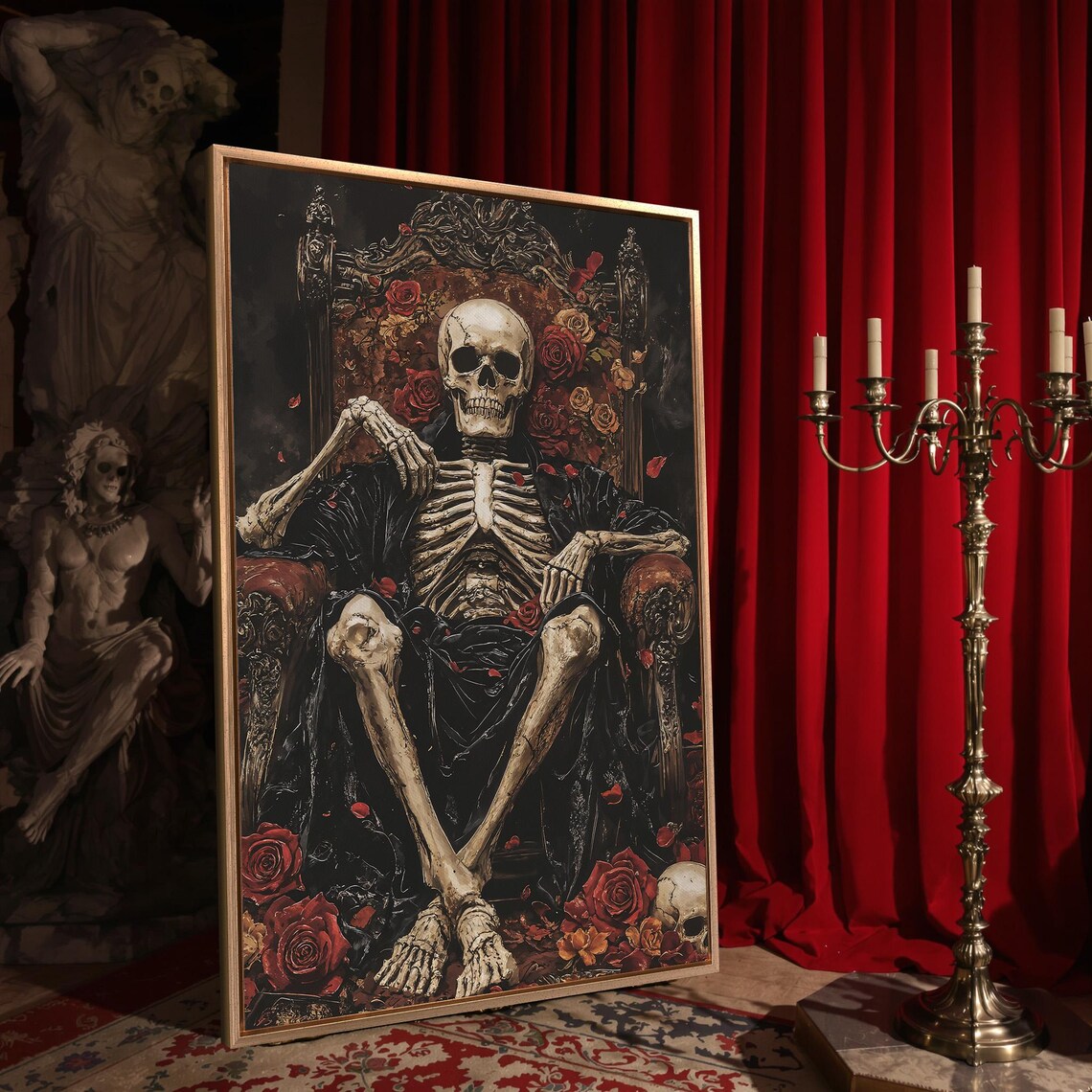 Skeleton King Reclining On Dark Carved Throne With Red Roses Gothic Poster - Image 4