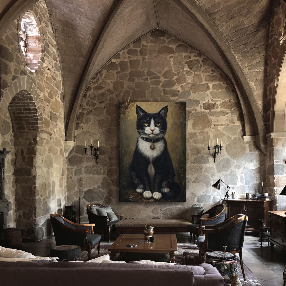 Tuxedo Cat Portrait With Green Eyes Vintage Style Painting Poster - Image 3