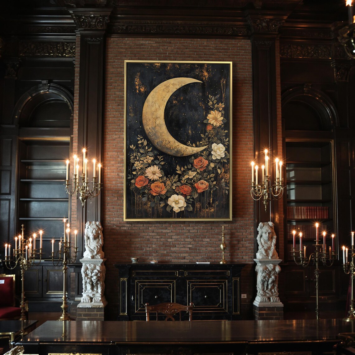 Golden Crescent Moon Orange Roses Starry Night Dark Floral Celestial Poster - Image 2