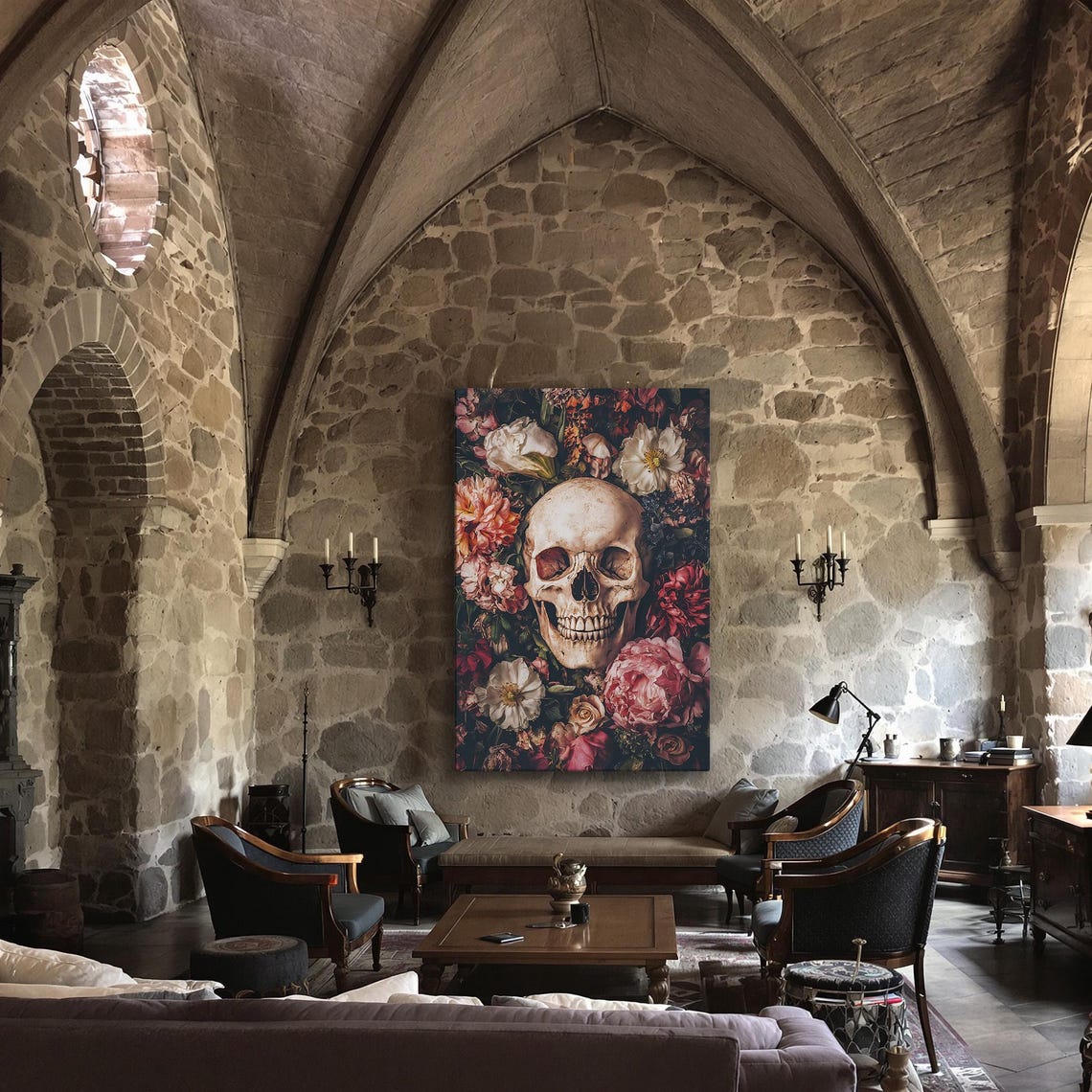 Skull Among Blooming Peonies Dark Floral Gothic Macabre Style Poster - Image 3