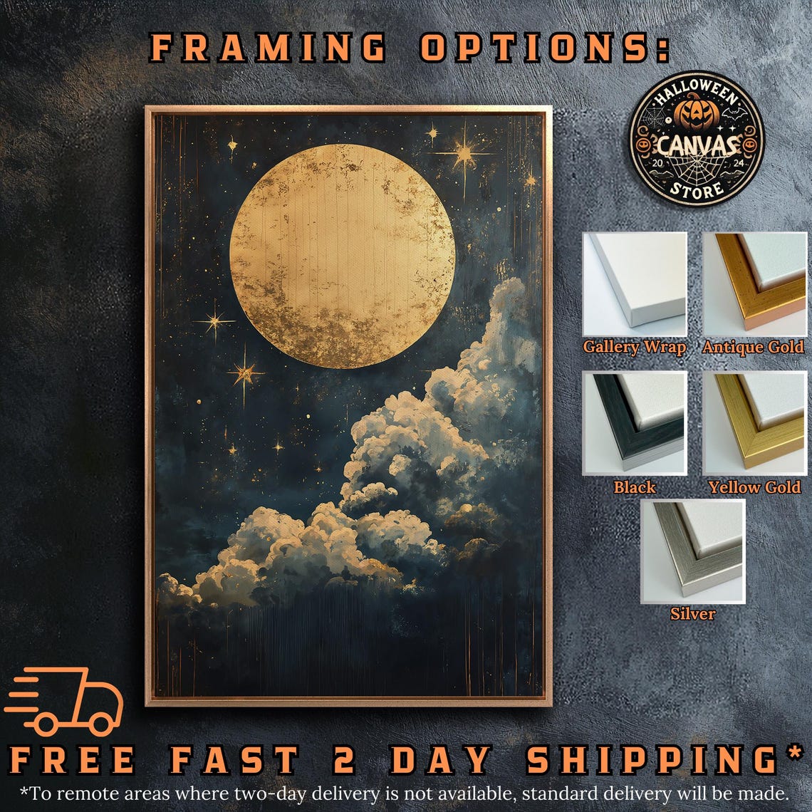 Golden Full Moon Dark Starry Night Clouds Black And Gold Poster - Image 5