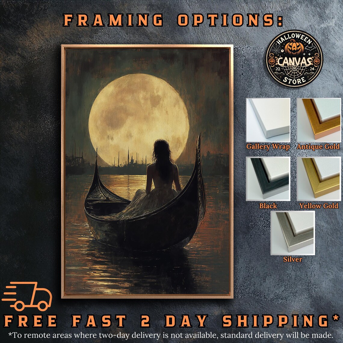 Woman in Gondola Under Giant Golden Full Moon Night Art Poster - Image 5