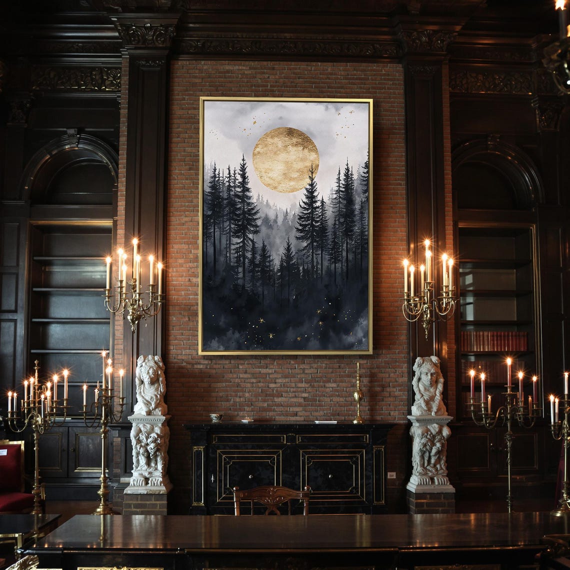 Golden Moon Over Misty Dark Pine Forest Foggy Night Art Poster - Image 2