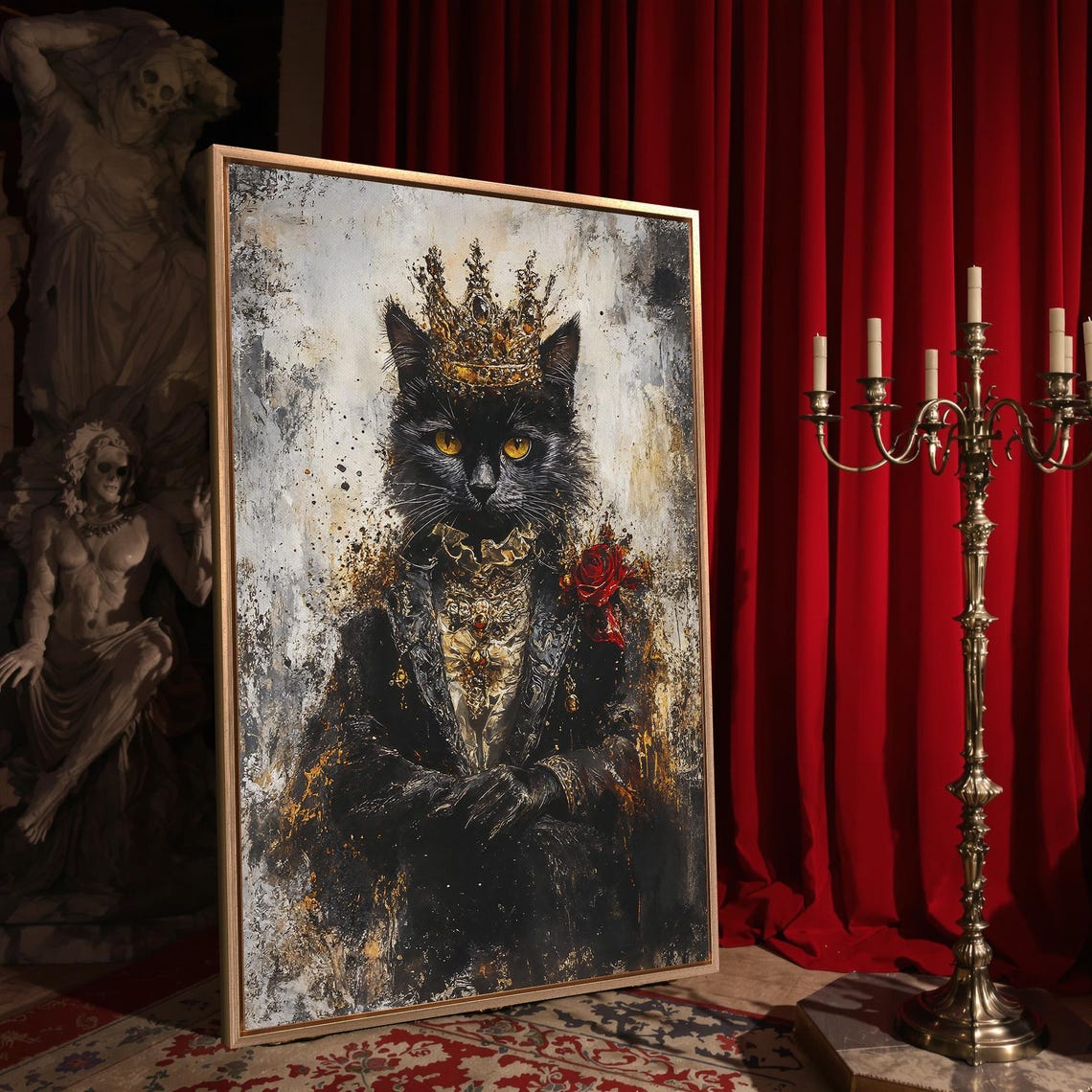 Royal Black Cat With Crown Red Rose Painterly Feline Portrait Poster - Image 4