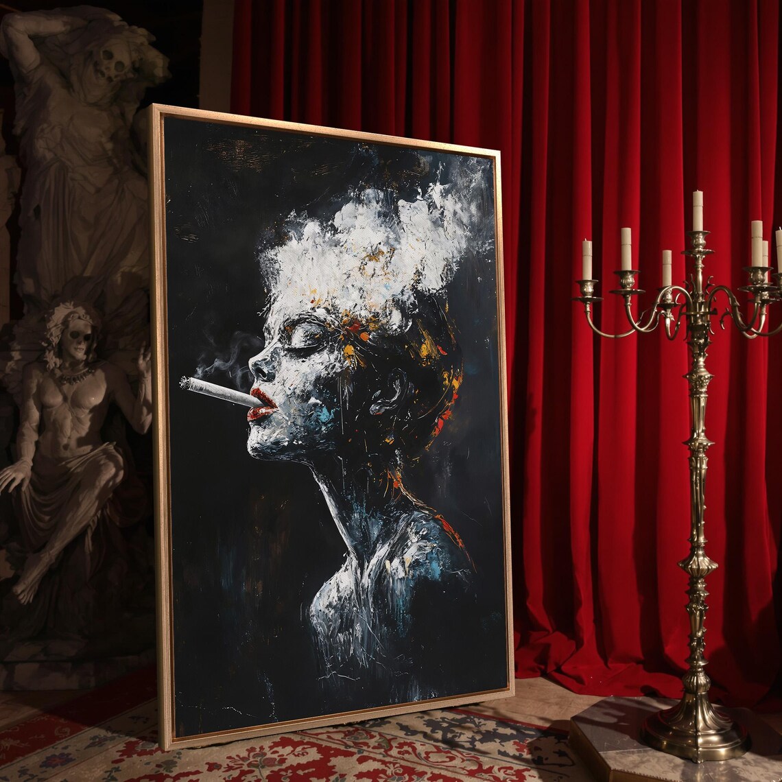 Smoking Woman Profile Abstract Portrait Black And White Dark Art Poster - Image 4