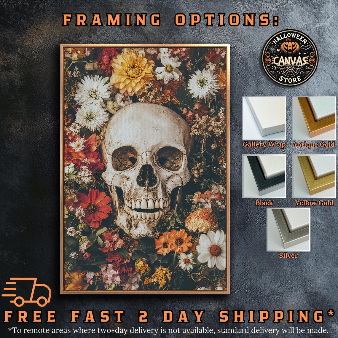 Skull Among Vibrant Wildflowers Dark Gothic Floral Still Life Wall Art - Image 5
