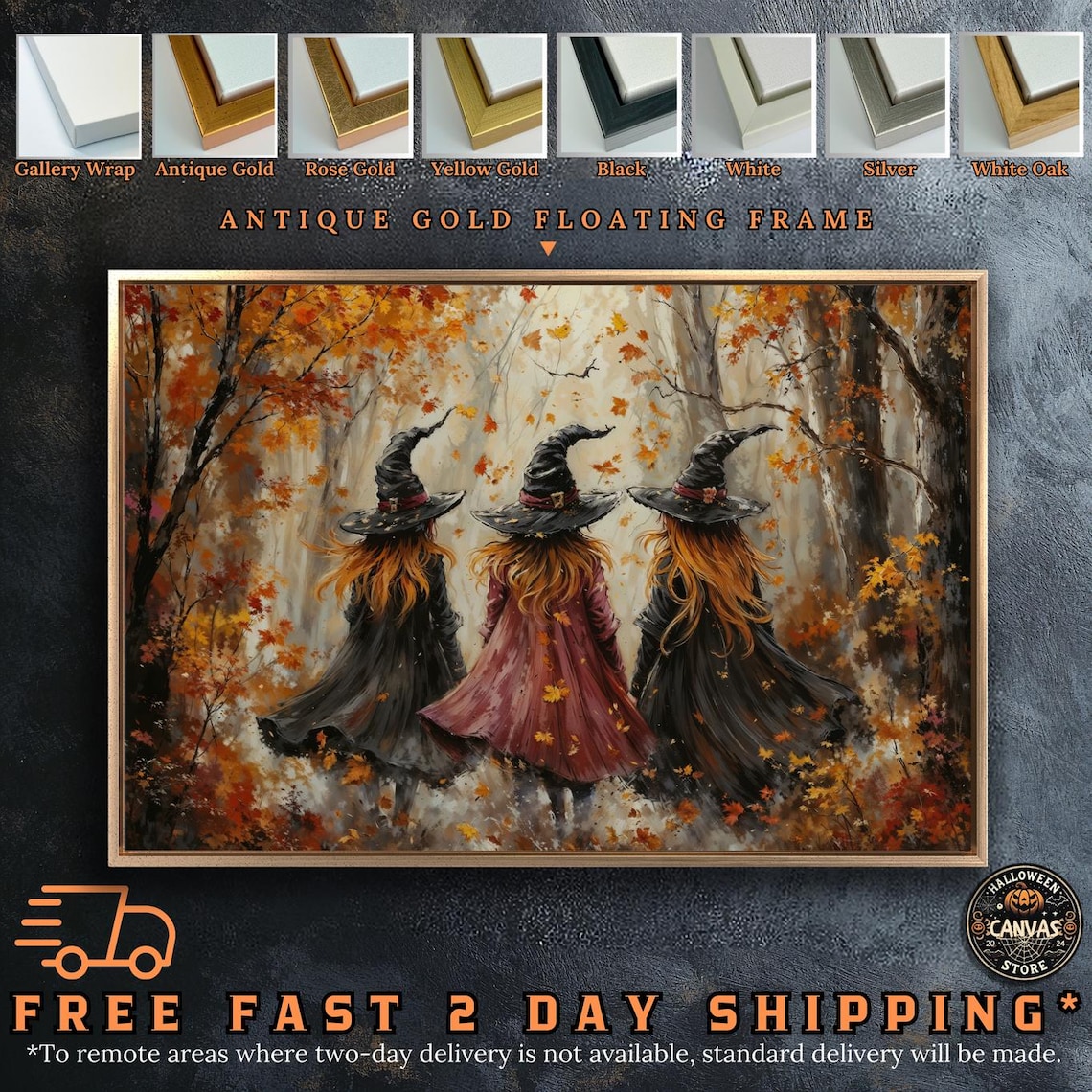Three Witches Walking Autumn Forest Orange Leaves Witchy Halloween Wall Poster - Image 2